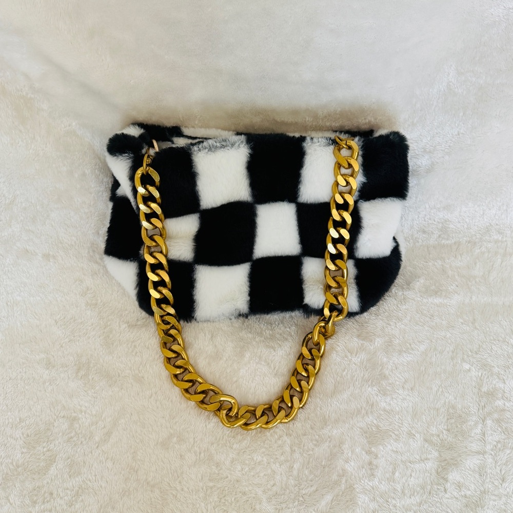 Stylish Black and White Furry Checkered Bag with Gold Chain